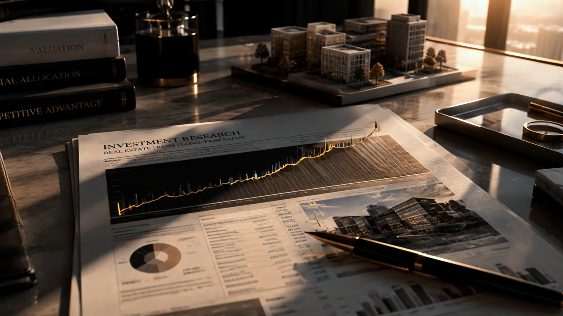 Investment research and architectural model on a desk